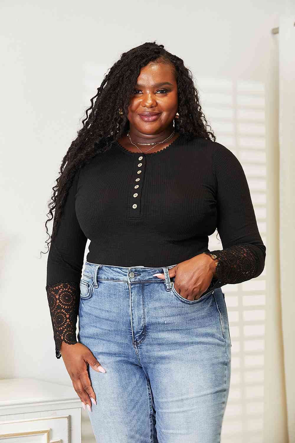 Double Take Crochet Lace Hem Sleeve Button Women Top