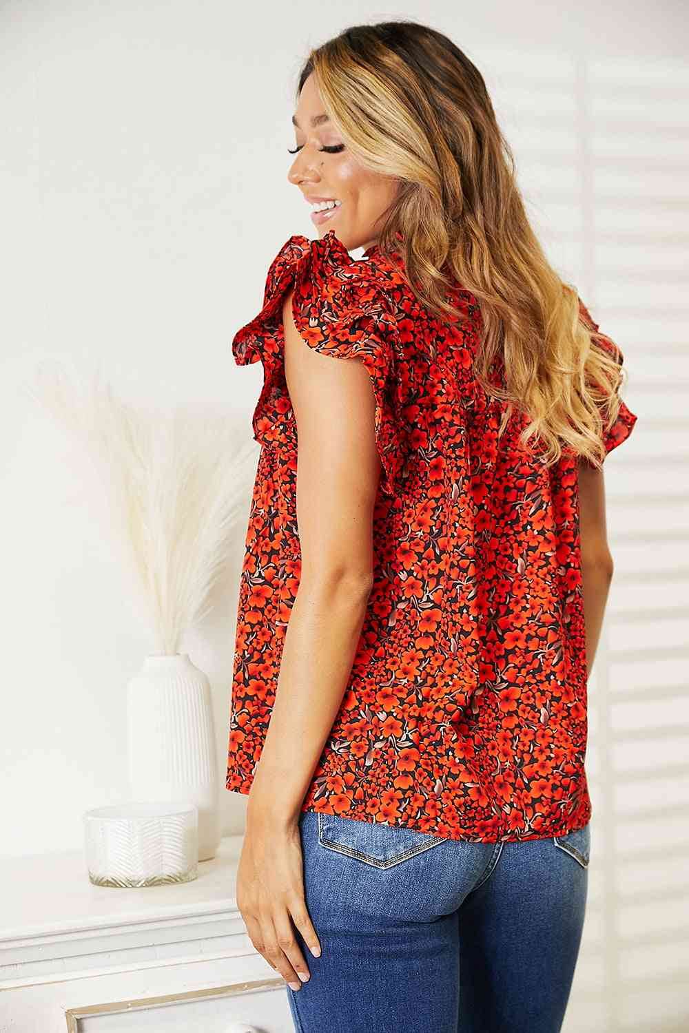 Double Take Floral Flutter Sleeve Notched Neck Women Blouse