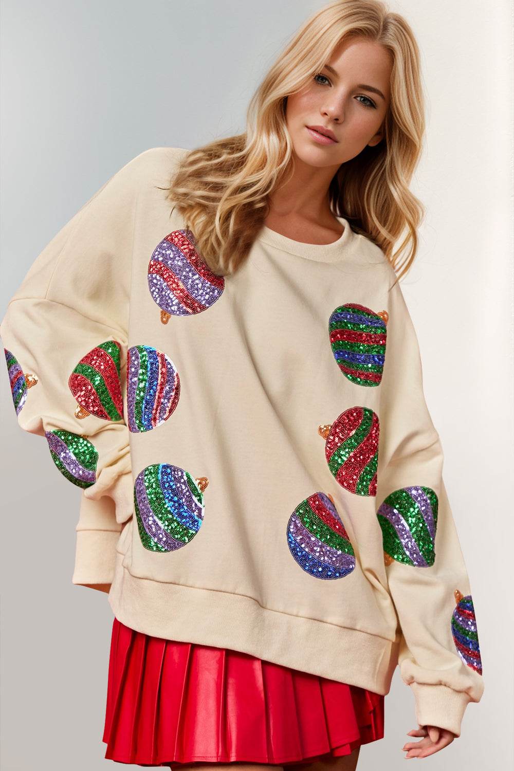 Double Take Christmas Element Sequin Round Neck Long Sleeve Women Sweatshirt