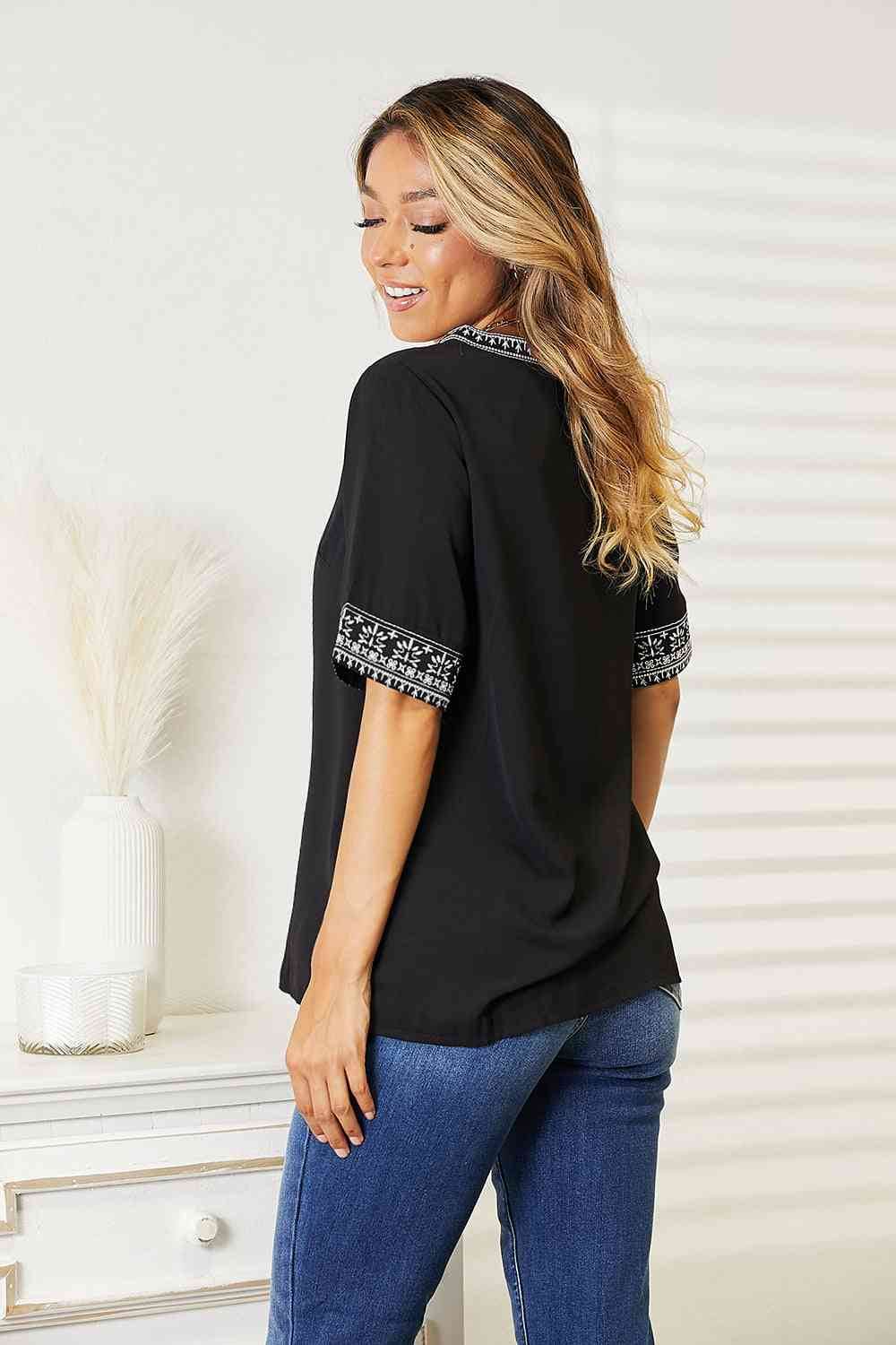 Double Take Embroidered Notched Neck Women Top