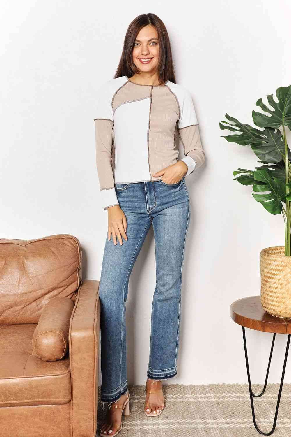 Double Take Color Block Exposed Seam Women Top