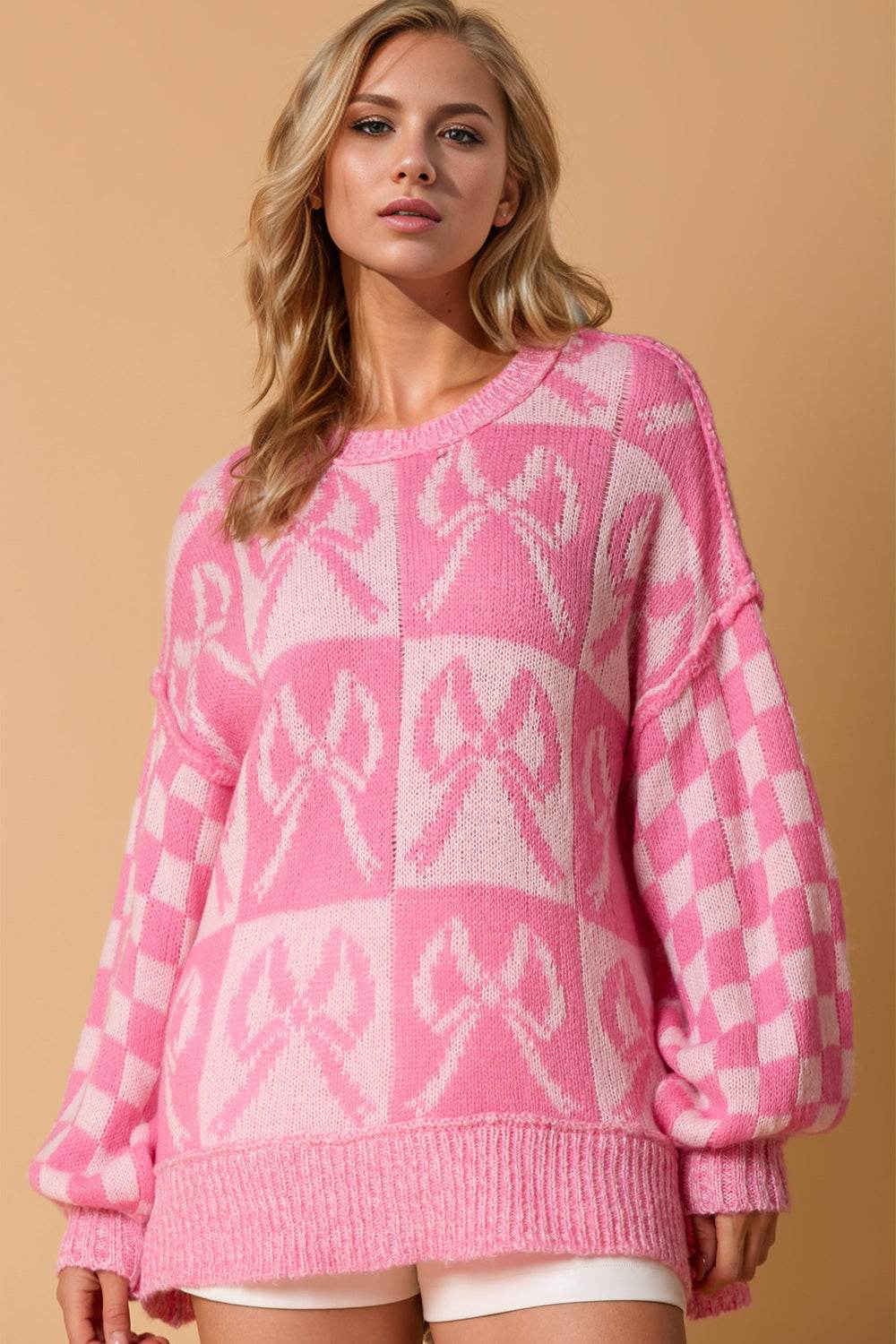 Double Take Full Size Checkered Bow Contrast Long Sleeve Women Sweater