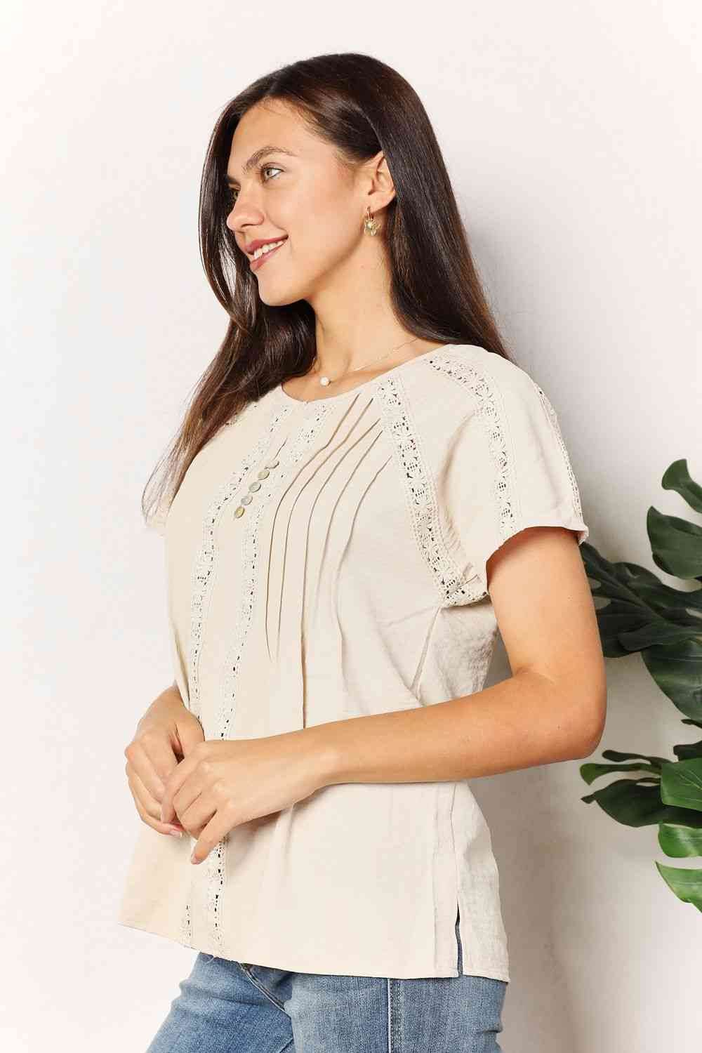Double Take Crochet Buttoned Short Sleeves Women Top