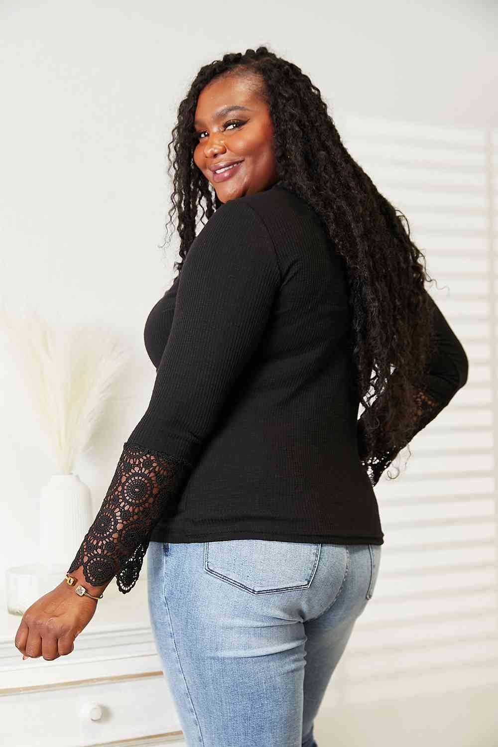 Double Take Crochet Lace Hem Sleeve Button Women Top