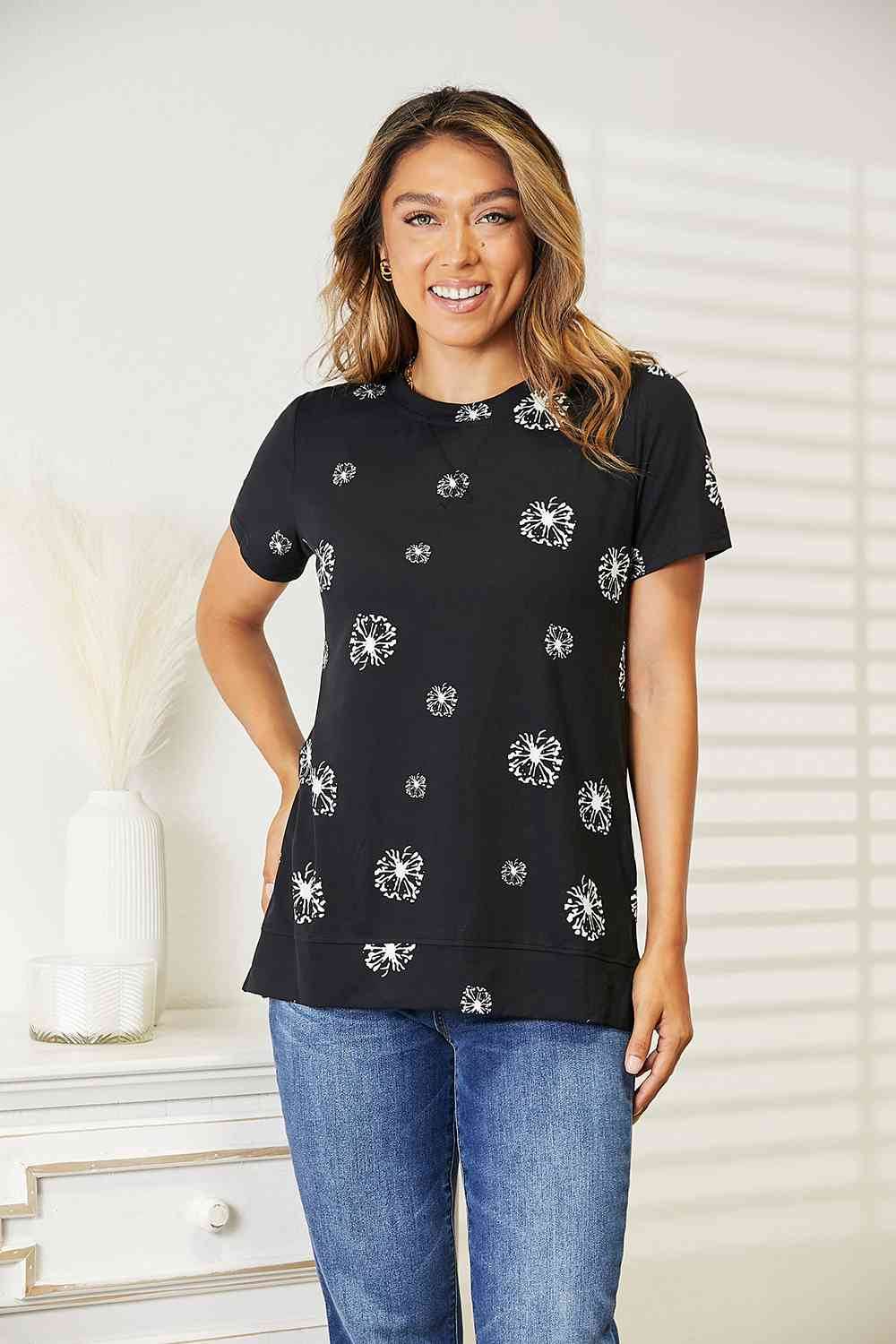 Double Take Dandelion Print Round Neck Women T-Shirt