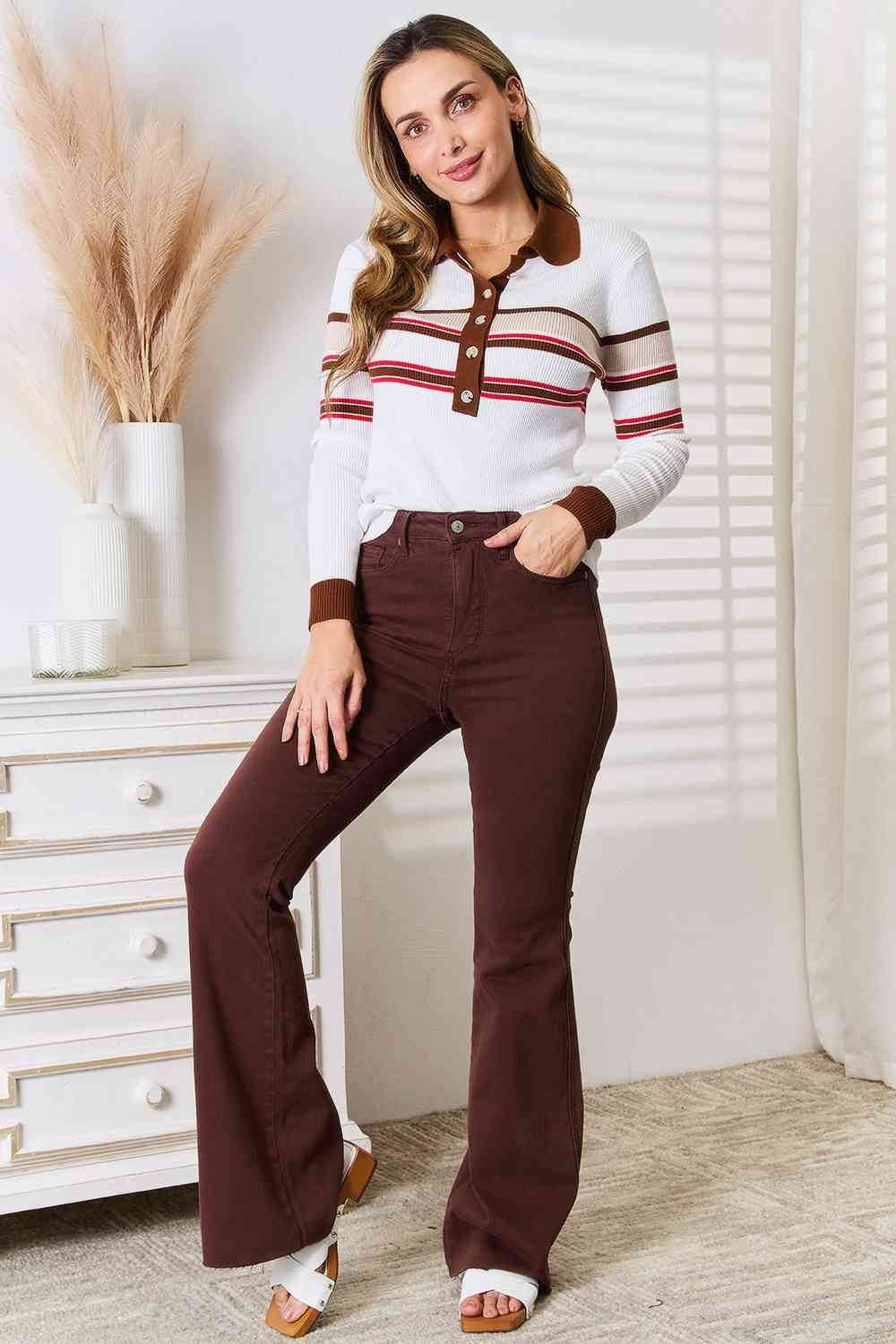 Basic Bae Striped Collared Neck Rib-Knit Women Top
