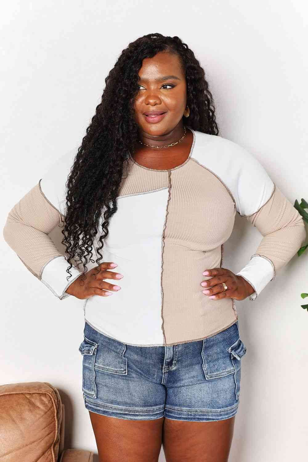 Double Take Color Block Exposed Seam Women Top