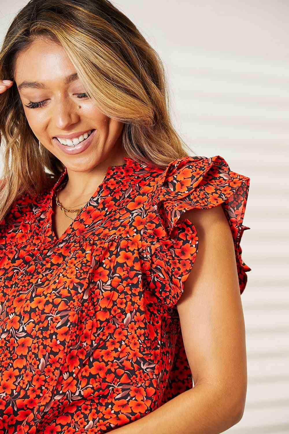 Double Take Floral Flutter Sleeve Notched Neck Women Blouse