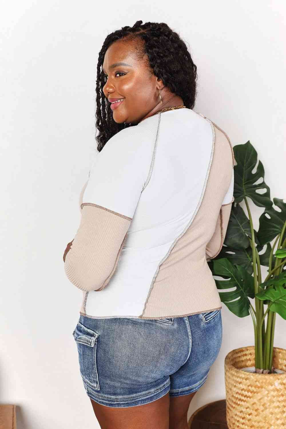 Double Take Color Block Exposed Seam Women Top