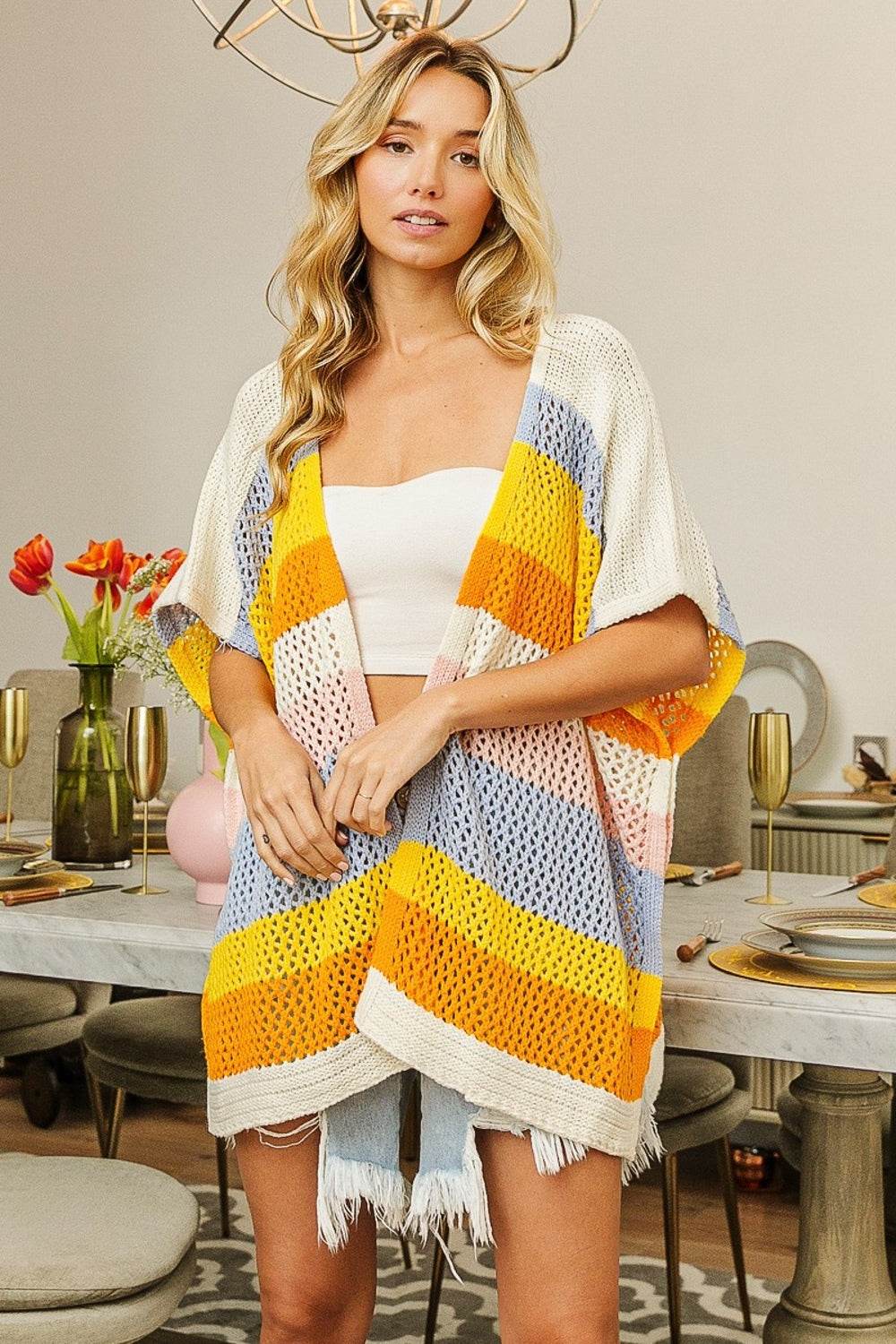 BiBi Openwork Striped Open Front Knit Women Cardigan