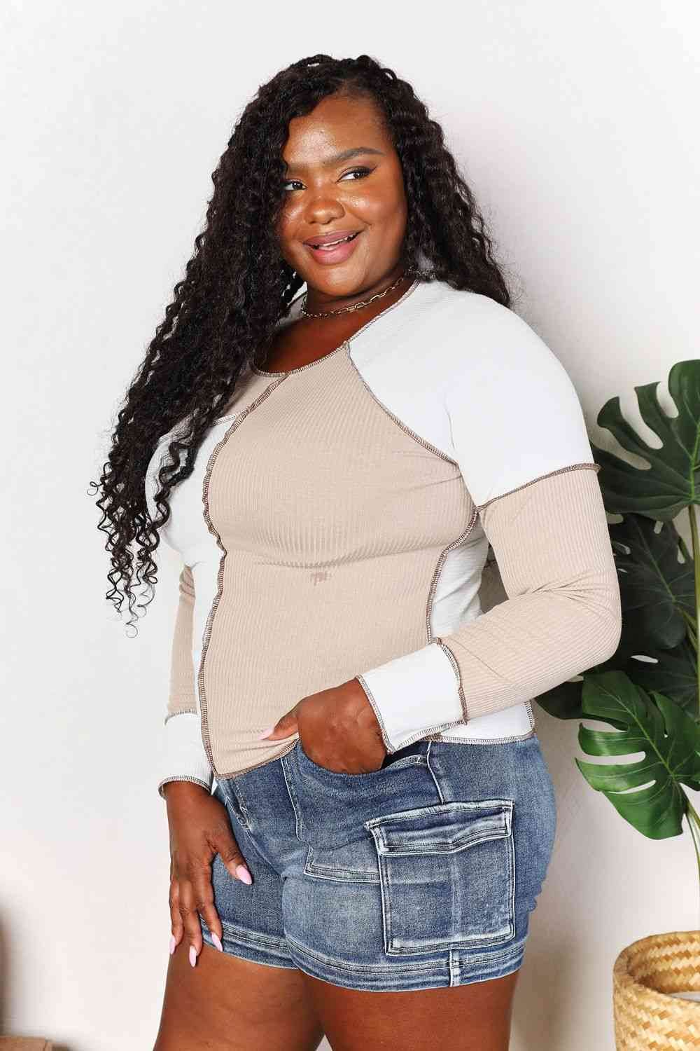 Double Take Color Block Exposed Seam Women Top