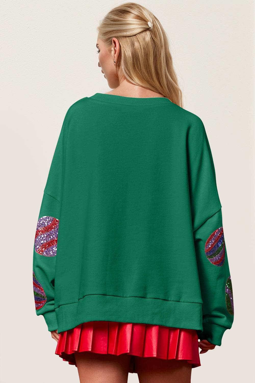 Double Take Christmas Element Sequin Round Neck Long Sleeve Women Sweatshirt