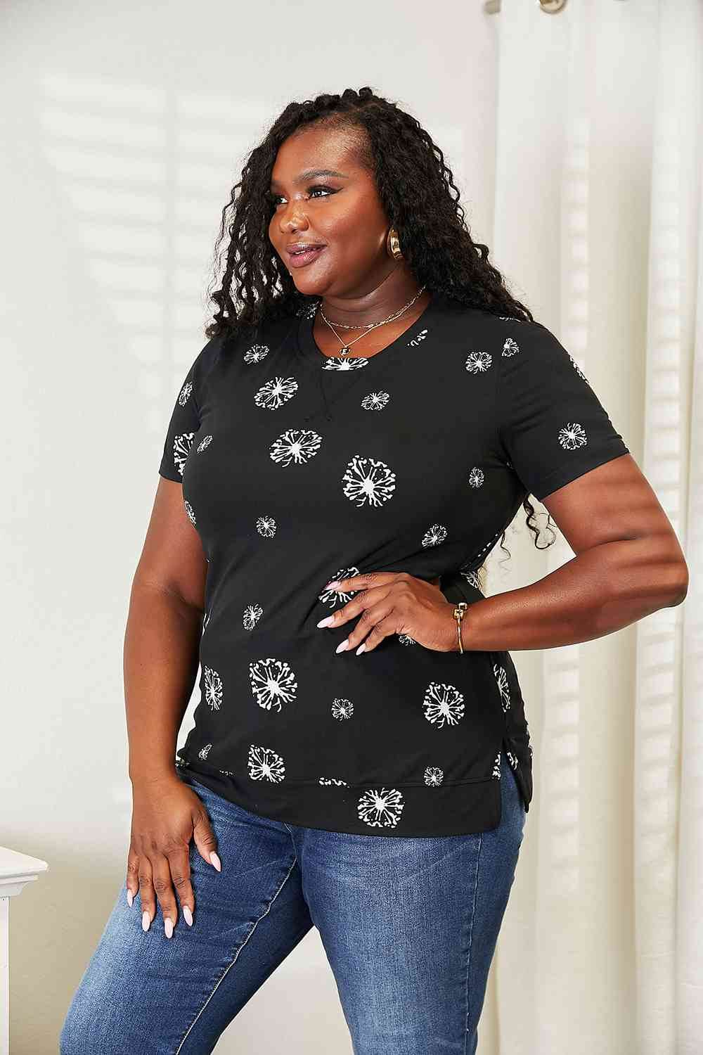 Double Take Dandelion Print Round Neck Women T-Shirt
