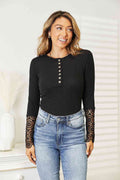 Double Take Crochet Lace Hem Sleeve Button Women Top