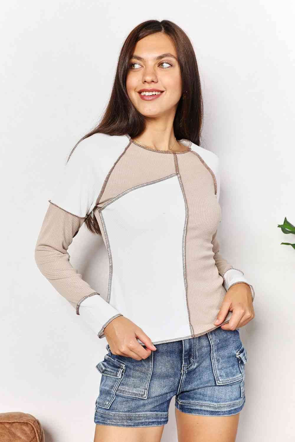 Double Take Color Block Exposed Seam Women Top