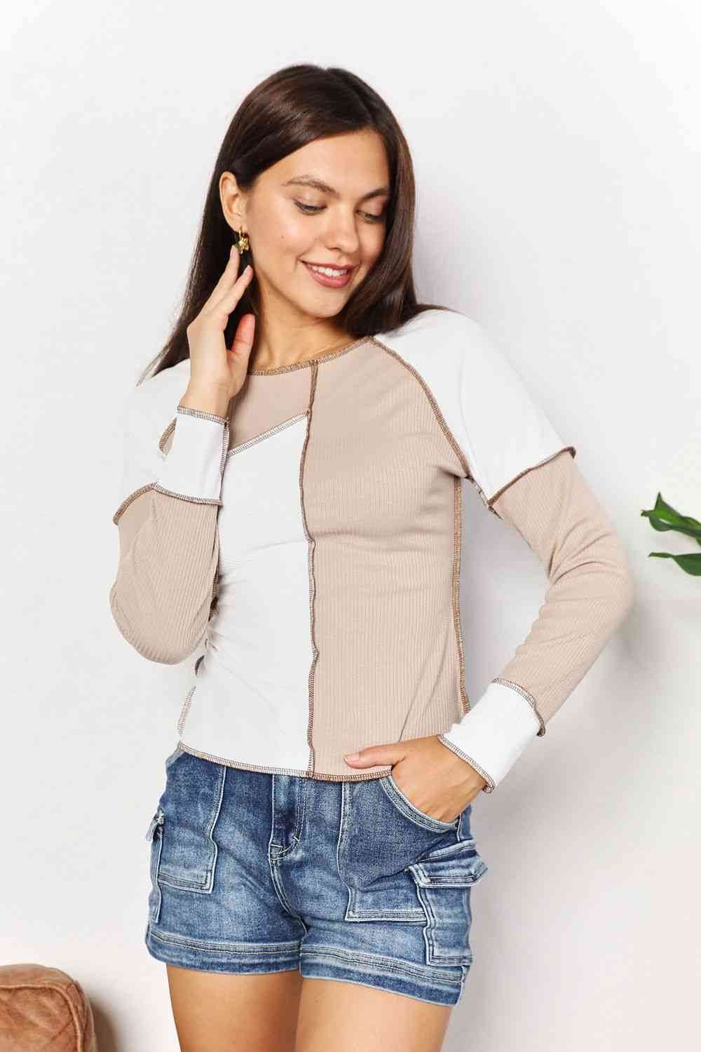 Double Take Color Block Exposed Seam Women Top